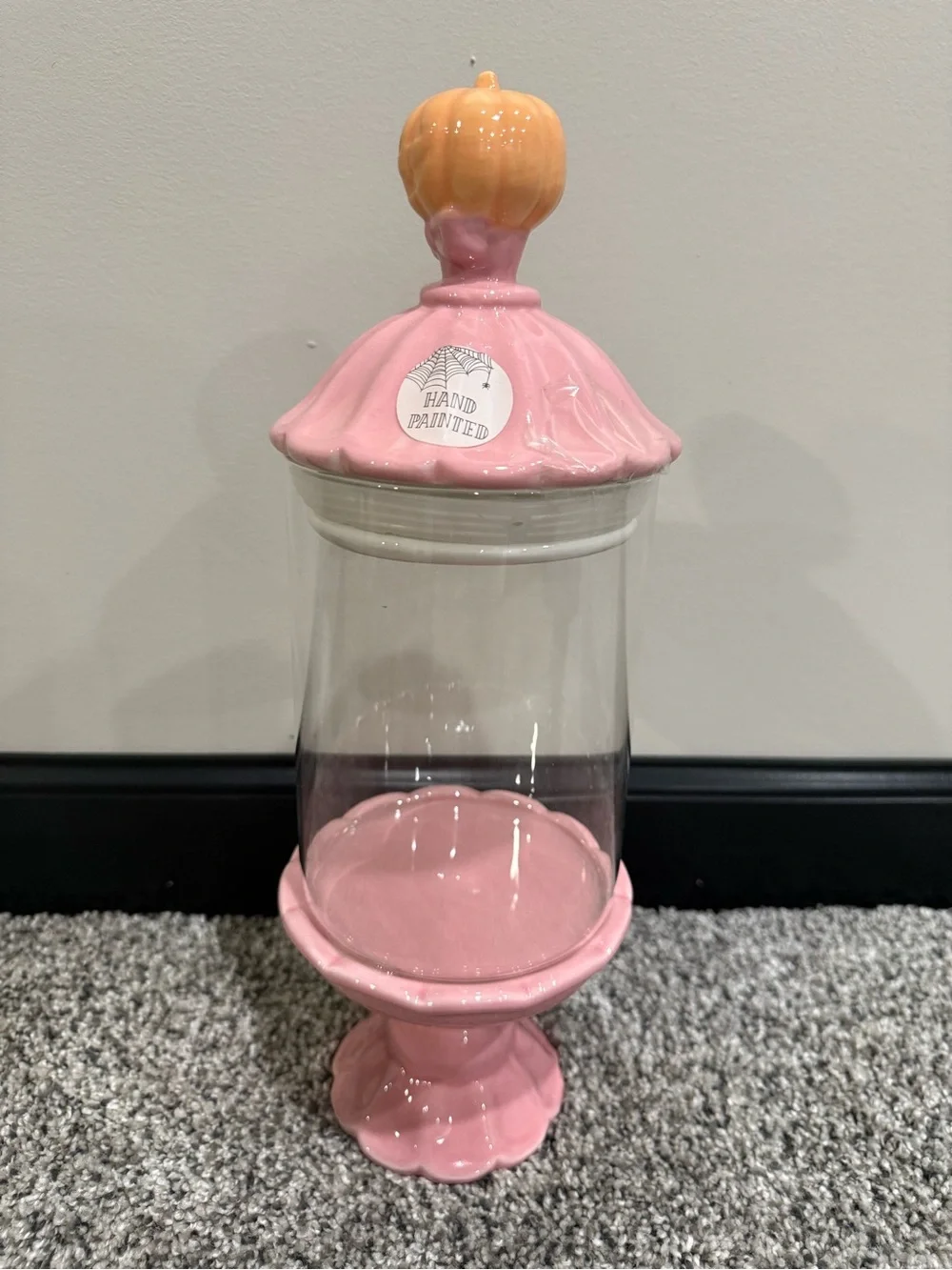 Halloween Pink Pumpkin Glass Candy Jar fall season 13” tall ceramic hand painted